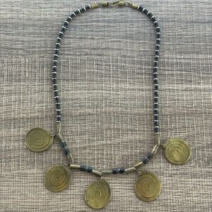 Vintage Tribal Brass Spiral Disc Beaded Statement Necklace Boho Ethnic Jewelry